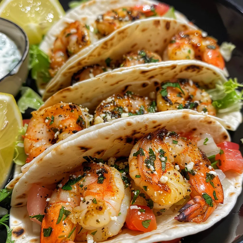['Close-up view of Mediterranean shrimp tacos with tzatziki sauce, served with lemon wedges.', 'A side view of juicy shrimp tacos topped with lettuce and tomato, accompanied by tzatziki and lemon slices.', 'Delicious Mediterranean shrimp tacos on a plate, featuring fresh ingredients and tzatziki sauce.', 'A vibrant display of shrimp tacos with tzatziki, garnished with lettuce and tomato, ready to eat.']