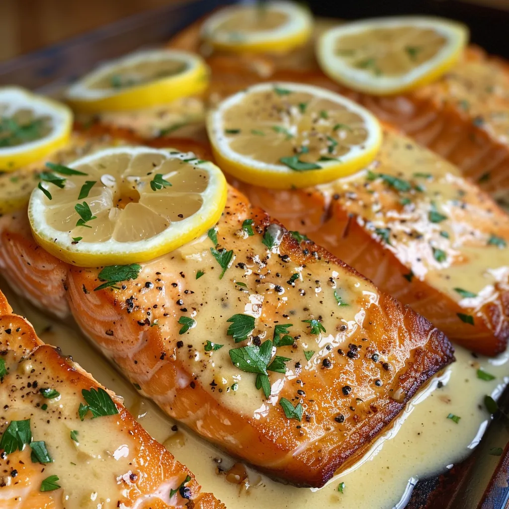 ['A close-up side view of juicy baked salmon fillet drizzled with lemon butter cream sauce.', 'Succulent baked salmon topped with a creamy lemon butter sauce on a white plate.', 'Side angle shot of baked salmon garnished with chopped parsley and lemon slices.', 'Detailed view of a flaky salmon fillet coated in rich lemon butter cream sauce.']