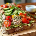 ['A close-up of Tuna and Avocado Toast topped with oven-roasted tomatoes and pesto.', 'Side view of a slice of sourdough bread with avocado, tuna, and roasted cherry tomatoes.', 'Freshly prepared Tuna and Avocado Toast garnished with green pesto and basil leaves.', 'A vibrant plate featuring Tuna and Avocado Toast with sliced cucumbers and lemon zest.']