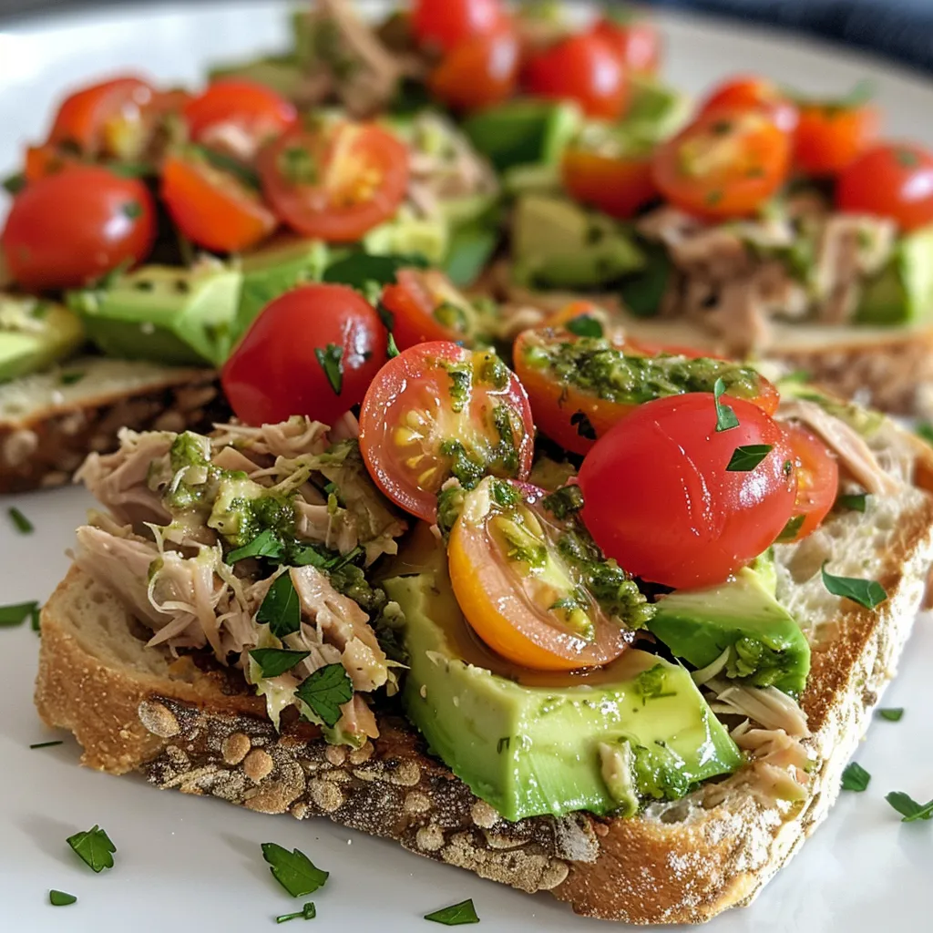 ['A close-up of Tuna and Avocado Toast topped with oven-roasted tomatoes and pesto.', 'Side view of a slice of sourdough bread with avocado, tuna, and roasted cherry tomatoes.', 'Freshly prepared Tuna and Avocado Toast garnished with green pesto and basil leaves.', 'A vibrant plate featuring Tuna and Avocado Toast with sliced cucumbers and lemon zest.']
