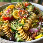['A close-up of a vibrant quinoa pasta salad with fresh vegetables and a drizzle of vinaigrette.', 'A side view of a colorful quinoa pasta salad featuring cucumbers, tomatoes, and black olives.', 'A detailed capture of quinoa pasta salad garnished with dill and a lemon vinaigrette.', 'A rich and appetizing quinoa pasta salad showcasing tri-colored quinoa and fresh ingredients.']