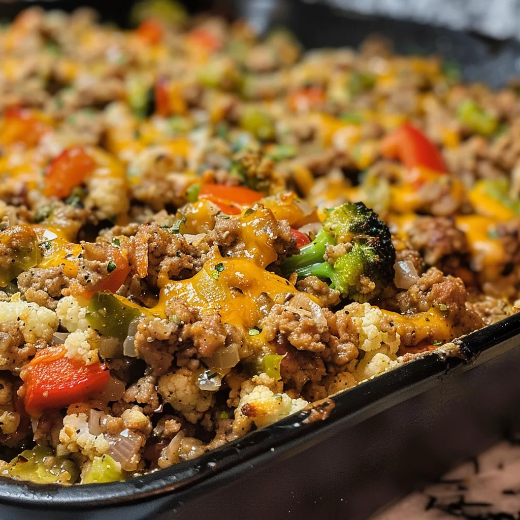 ['Close-up view of a low-carb turkey casserole with colorful vegetables and melted cheese.', 'Side angle of a turkey casserole, showcasing layers of ground turkey, cauliflower, and cheese.', 'Juicy turkey casserole filled with broccoli and bell peppers, topped with golden melted cheddar.', 'Delicious low-carb turkey casserole, featuring a variety of vegetables and a creamy texture.']