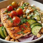 ['Close-up side view of a Mediterranean salmon bowl with colorful ingredients.', 'Juicy salmon fillet atop a bed of quinoa and fresh vegetables in a bowl.', 'A vibrant Mediterranean salmon bowl featuring tomatoes, cucumber, and red onion.', 'Detail of a salmon bowl with Greek yogurt sauce, topped with fresh herbs.']