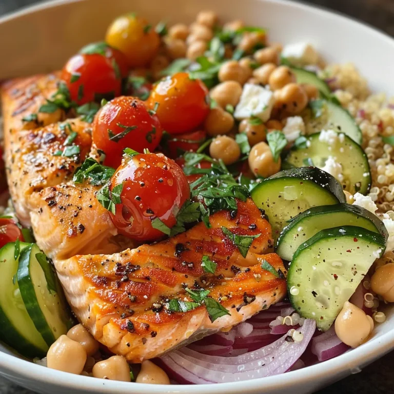 ['Close-up side view of a Mediterranean salmon bowl with colorful ingredients.', 'Juicy salmon fillet atop a bed of quinoa and fresh vegetables in a bowl.', 'A vibrant Mediterranean salmon bowl featuring tomatoes, cucumber, and red onion.', 'Detail of a salmon bowl with Greek yogurt sauce, topped with fresh herbs.']
