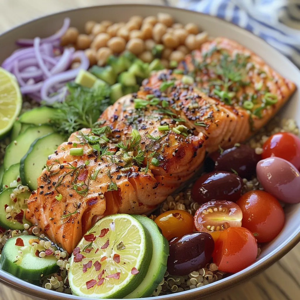 ['Close-up side view of a Mediterranean salmon bowl with colorful ingredients.', 'Juicy salmon fillet atop a bed of quinoa and fresh vegetables in a bowl.', 'A vibrant Mediterranean salmon bowl featuring tomatoes, cucumber, and red onion.', 'Detail of a salmon bowl with Greek yogurt sauce, topped with fresh herbs.']
