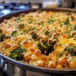['Close-up view of a One Pan Chickpea Broccoli Rice Casserole topped with melted cheese.', 'Side view of a steaming One Pan Chickpea Broccoli Rice Casserole in a baking dish.', 'A delicious One Pan Chickpea Broccoli Rice Casserole filled with broccoli and chickpeas.', 'Juicy One Pan Chickpea Broccoli Rice Casserole with a golden cheese crust.']
