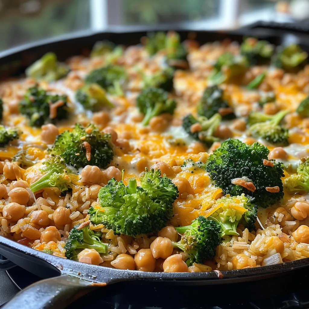 ['Close-up view of a One Pan Chickpea Broccoli Rice Casserole topped with melted cheese.', 'Side view of a steaming One Pan Chickpea Broccoli Rice Casserole in a baking dish.', 'A delicious One Pan Chickpea Broccoli Rice Casserole filled with broccoli and chickpeas.', 'Juicy One Pan Chickpea Broccoli Rice Casserole with a golden cheese crust.']