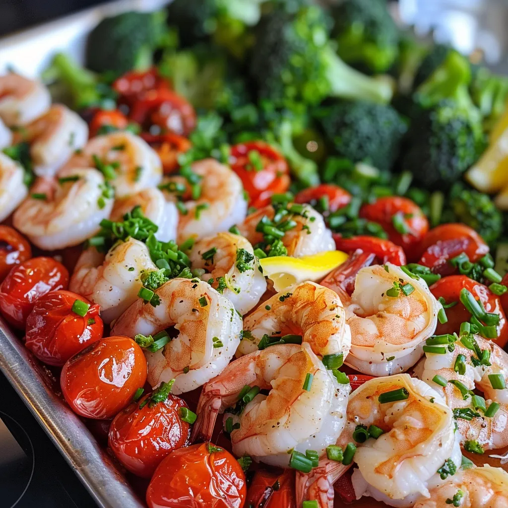 ['Close-up of vibrant sheet pan spicy garlic shrimp with broccoli and tomatoes.', 'Juicy shrimp with garlic and veggies arranged on a baking sheet.', 'Colorful shrimp and vegetable medley on a pan, garnished with lemon wedges.', 'Mouthwatering shrimp dish featuring broccoli, tomatoes, and green onions.']