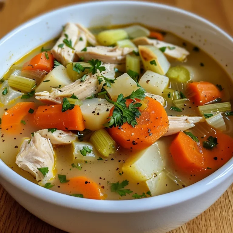 ['Close-up of a steaming bowl of Ultimate Chicken Soup with colorful vegetables and herbs.', 'Side view of a hearty chicken soup showcasing chunks of chicken and fresh parsley.', 'Detailed view of homemade chicken soup, highlighting sliced carrots, parsnips, and thyme.', 'A rich bowl of chicken soup filled with vibrant ingredients and a hint of steam rising.']
