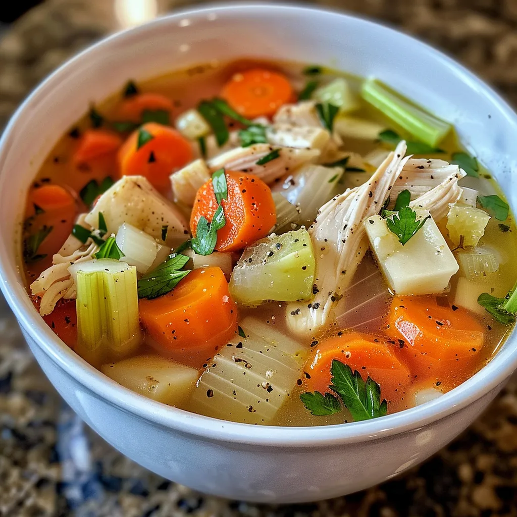 ['Close-up of a steaming bowl of Ultimate Chicken Soup with colorful vegetables and herbs.', 'Side view of a hearty chicken soup showcasing chunks of chicken and fresh parsley.', 'Detailed view of homemade chicken soup, highlighting sliced carrots, parsnips, and thyme.', 'A rich bowl of chicken soup filled with vibrant ingredients and a hint of steam rising.']
