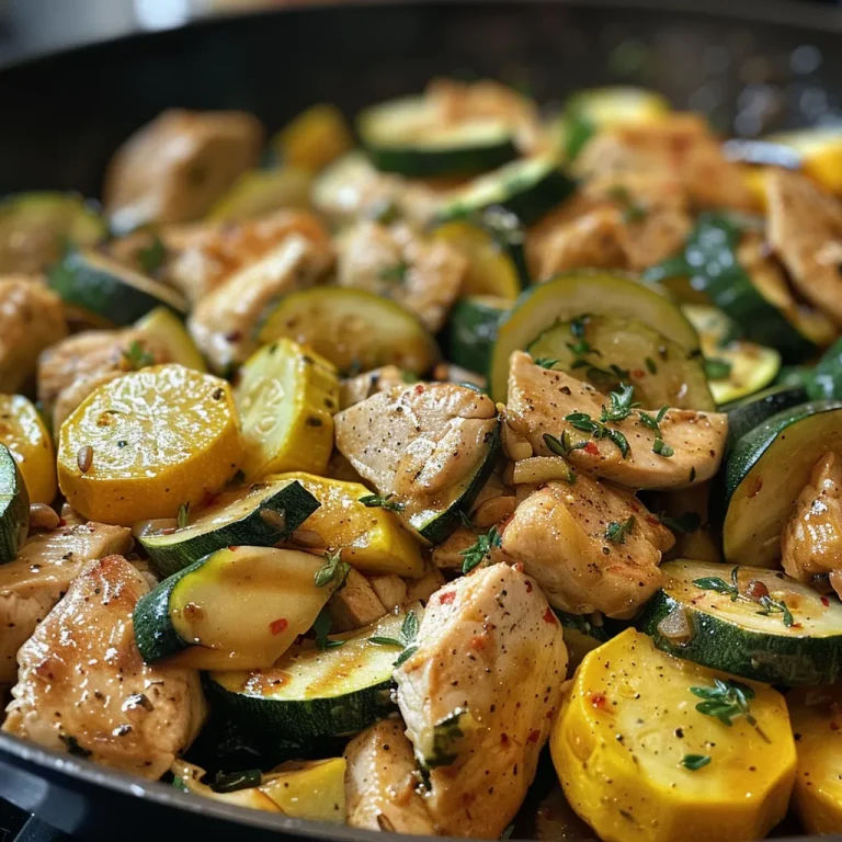 ['Close-up view of a skillet filled with juicy chicken breast and zucchini squash.', 'Side angle of a vibrant dish featuring sautéed chicken and zucchini in a skillet.', 'Delicious chicken breast and zucchini squash dish in a frying pan, garnished and ready to serve.', 'Colorful mixture of chicken cubes and zucchini slices in a skillet, showcasing healthy ingredients.']