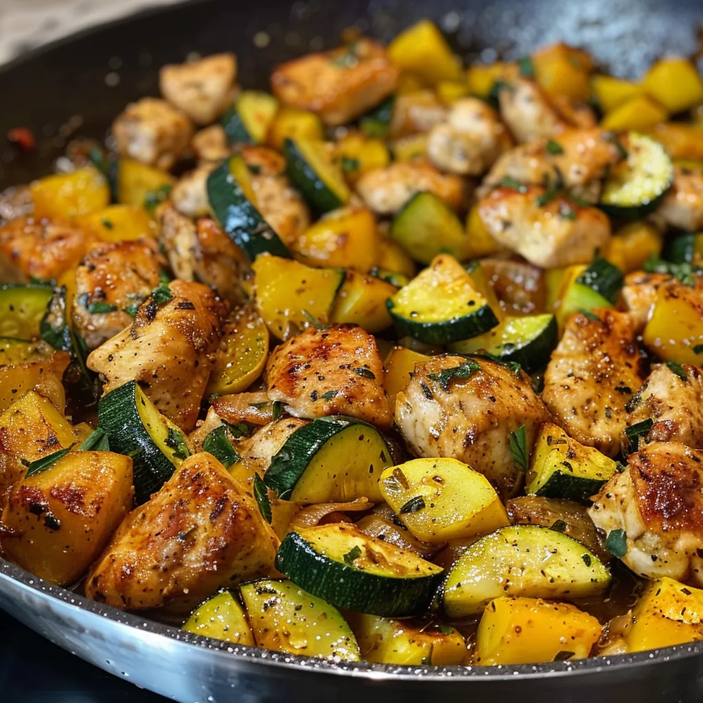 ['Close-up view of a skillet filled with juicy chicken breast and zucchini squash.', 'Side angle of a vibrant dish featuring sautéed chicken and zucchini in a skillet.', 'Delicious chicken breast and zucchini squash dish in a frying pan, garnished and ready to serve.', 'Colorful mixture of chicken cubes and zucchini slices in a skillet, showcasing healthy ingredients.']