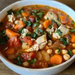 ['Close-up view of a bowl of Mediterranean Chicken Soup with a vibrant mix of vegetables and herbs.', 'Side view of a steaming bowl of Mediterranean Chicken Soup filled with chicken and colorful veggies.', 'Detailed image of Mediterranean Chicken Soup showcasing diced chicken, tomatoes, and greens in a broth.', 'Close-up of Mediterranean Chicken Soup highlighting fresh ingredients like herbs and spices.']