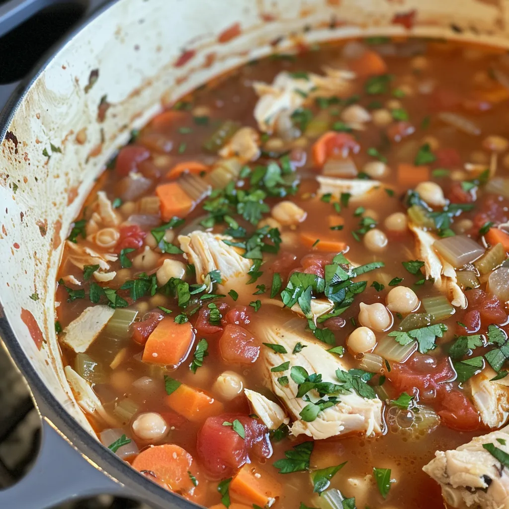 ['Close-up view of a bowl of Mediterranean Chicken Soup with a vibrant mix of vegetables and herbs.', 'Side view of a steaming bowl of Mediterranean Chicken Soup filled with chicken and colorful veggies.', 'Detailed image of Mediterranean Chicken Soup showcasing diced chicken, tomatoes, and greens in a broth.', 'Close-up of Mediterranean Chicken Soup highlighting fresh ingredients like herbs and spices.']