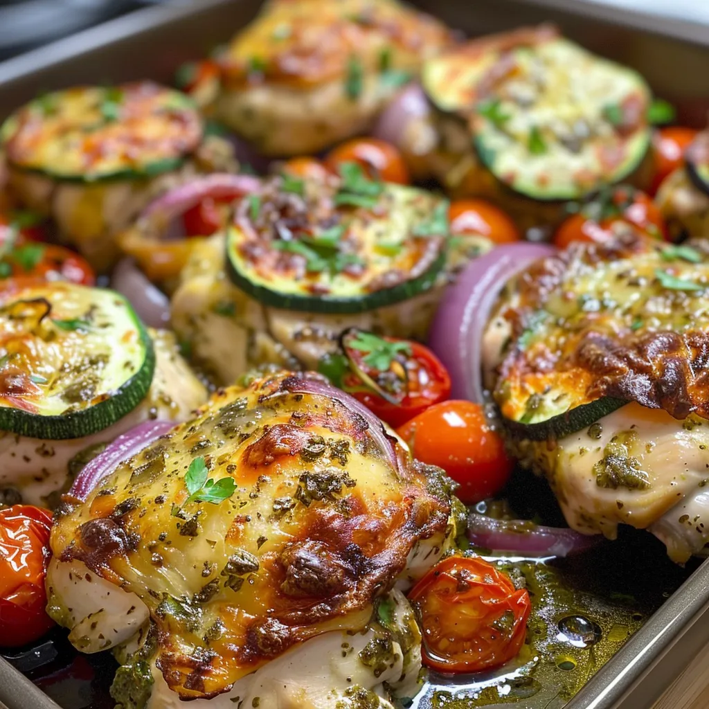 ['Close-up view of a Mediterranean Chicken Bake, showcasing colorful ingredients.', 'Side view of a freshly baked Mediterranean Chicken Bake with a golden cheese topping.', 'Juicy Mediterranean Chicken Bake highlighting chunks of chicken and vibrant vegetables.', 'Detailed shot of Mediterranean Chicken Bake, featuring melted cheese and fresh parsley.']