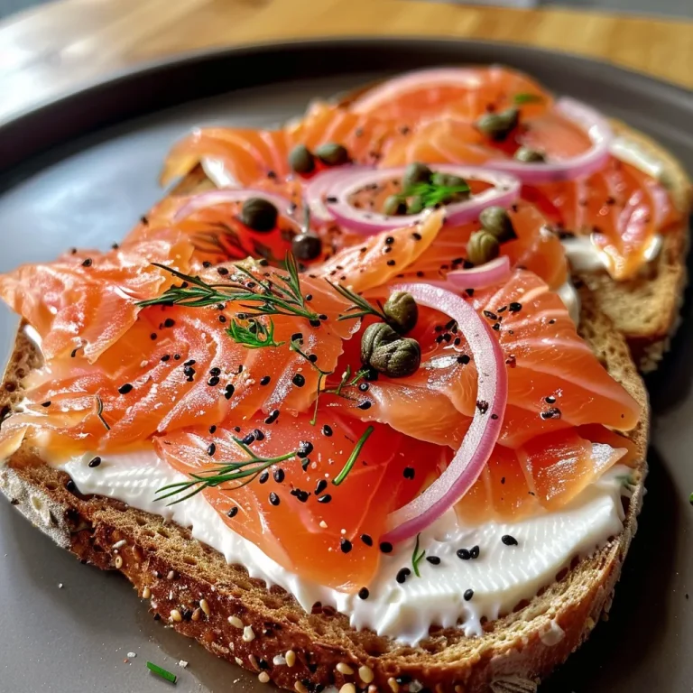 ['Close-up of a smoked salmon toast garnished with dill and capers on a rustic wooden table.', 'Side view of a delicious smoked salmon toast with crème fraîche and lemon zest displayed on a plate.', 'Artisan sourdough toast topped with fresh smoked salmon, herbs, and a drizzle of olive oil.', 'Thick slices of sourdough bread adorned with juicy salmon, chives, and a hint of mustard.']