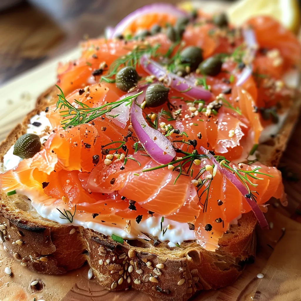 ['Close-up of a smoked salmon toast garnished with dill and capers on a rustic wooden table.', 'Side view of a delicious smoked salmon toast with crème fraîche and lemon zest displayed on a plate.', 'Artisan sourdough toast topped with fresh smoked salmon, herbs, and a drizzle of olive oil.', 'Thick slices of sourdough bread adorned with juicy salmon, chives, and a hint of mustard.']