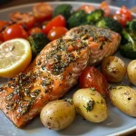 ["Close-up view of Za'atar Garlic Salmon garnished with herbs and lemon slices.", "Side view of a juicy salmon fillet with roasted vegetables and a sprinkle of Za'atar spice.", "Detailed image of Za'atar Garlic Salmon served alongside baby potatoes and cherry tomatoes.", "Appetizing plate featuring salmon seasoned with garlic and Za'atar, with broccoli and lemon."]