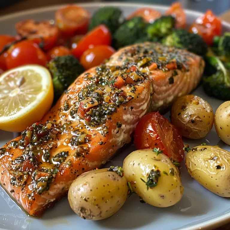 ["Close-up view of Za'atar Garlic Salmon garnished with herbs and lemon slices.", "Side view of a juicy salmon fillet with roasted vegetables and a sprinkle of Za'atar spice.", "Detailed image of Za'atar Garlic Salmon served alongside baby potatoes and cherry tomatoes.", "Appetizing plate featuring salmon seasoned with garlic and Za'atar, with broccoli and lemon."]