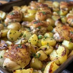 ['Close-up view of a hearty chicken leek and potato bake, showcasing juicy chicken pieces and vibrant leeks.', 'Side view of a baked dish filled with tender chicken, sliced leeks, and small red potatoes, glistening with olive oil.', "A savory chicken, leek, and potato bake displayed in a dish, highlighting the ingredients' textures and colors.", 'Delicious chicken leek and potato bake featuring layers of chicken breasts, leeks, and potatoes, ready to serve.']