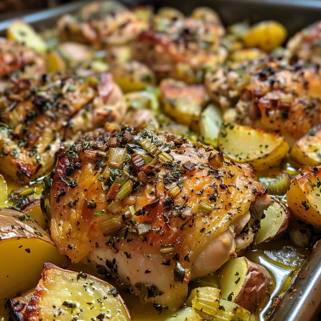 ['Close-up view of a hearty chicken leek and potato bake, showcasing juicy chicken pieces and vibrant leeks.', 'Side view of a baked dish filled with tender chicken, sliced leeks, and small red potatoes, glistening with olive oil.', 