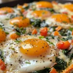 ['Close-up view of baked eggs with colorful vegetables, showcasing a golden yellow and orange hue.', 'Side view of a dish featuring baked eggs mixed with diced bell peppers and spinach, highlighting freshness.', 'Juicy, golden baked eggs nestled with vibrant vegetables in a textured dish, emphasizing texture and color.', 'A mouthwatering close-up of high-protein baked eggs surrounded by chopped spinach and bell peppers.']