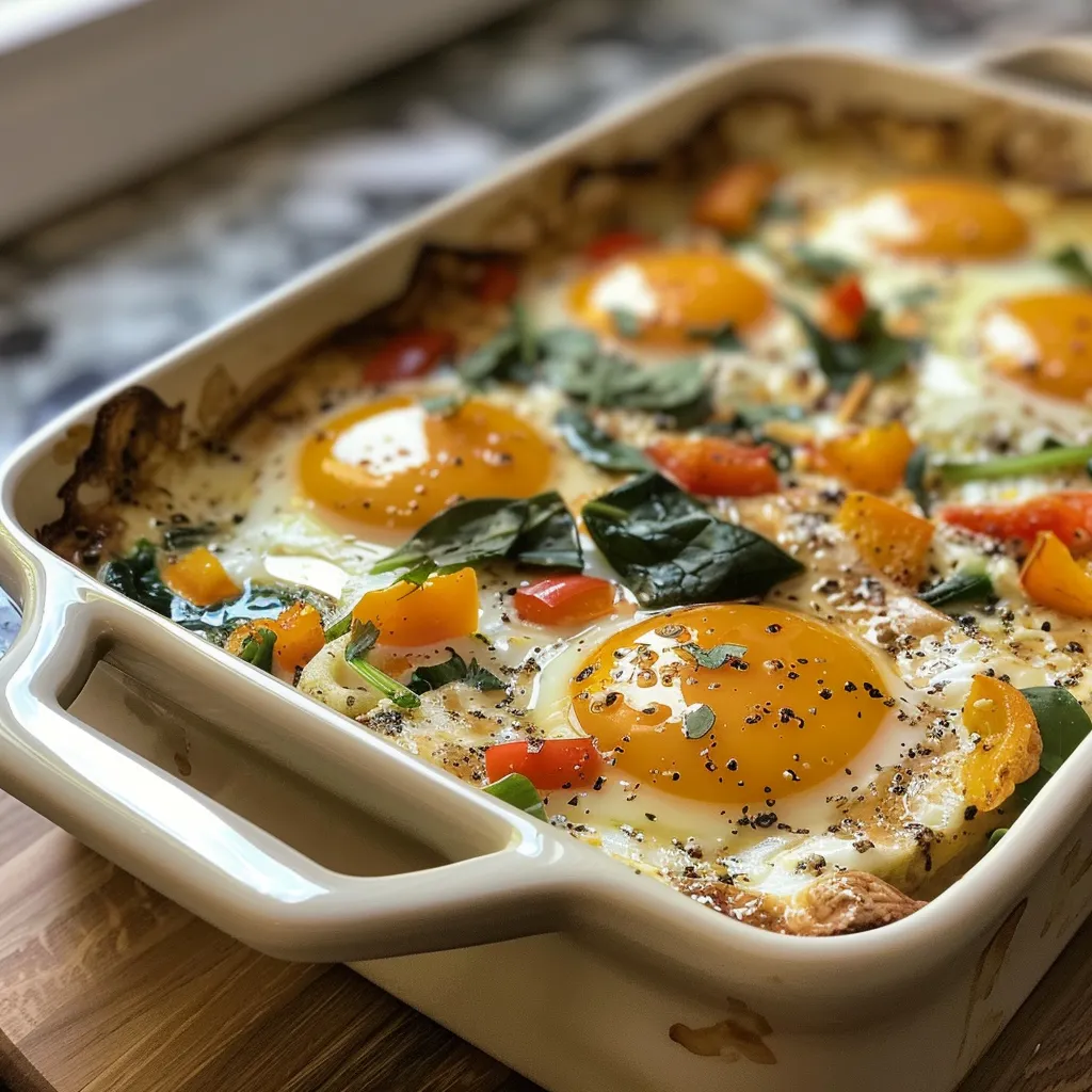 ['Close-up view of baked eggs with colorful vegetables, showcasing a golden yellow and orange hue.', 'Side view of a dish featuring baked eggs mixed with diced bell peppers and spinach, highlighting freshness.', 'Juicy, golden baked eggs nestled with vibrant vegetables in a textured dish, emphasizing texture and color.', 'A mouthwatering close-up of high-protein baked eggs surrounded by chopped spinach and bell peppers.']