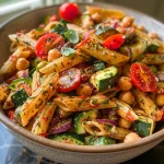 ['Close-up of a vibrant red lentil pasta salad featuring colorful vegetables.', 'Side view of red lentil pasta with zucchini, cherry tomatoes, and olives.', 'Juicy red lentil penne salad garnished with fresh herbs and mixed vegetables.', 'Detailed view of red lentil pasta salad with pickled peppers and chickpeas.']