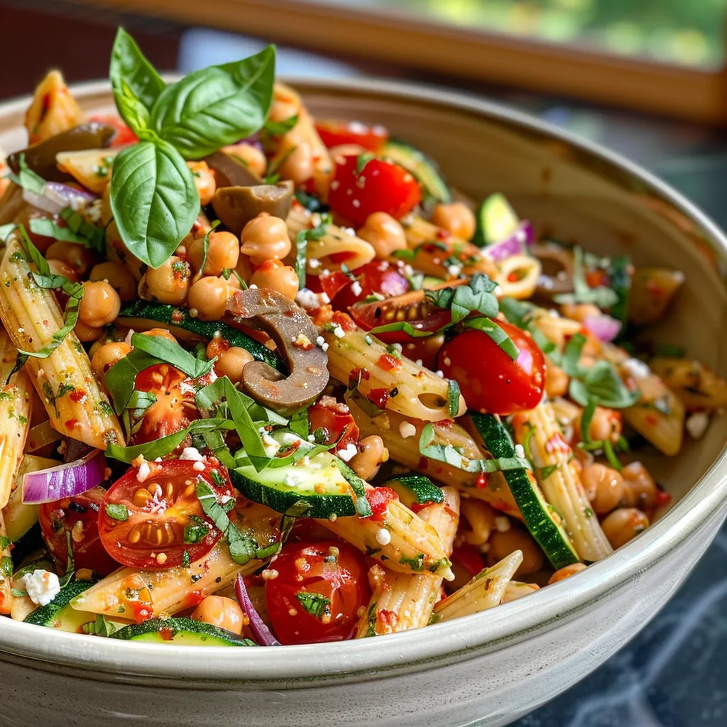 ['Close-up of a vibrant red lentil pasta salad featuring colorful vegetables.', 'Side view of red lentil pasta with zucchini, cherry tomatoes, and olives.', 'Juicy red lentil penne salad garnished with fresh herbs and mixed vegetables.', 'Detailed view of red lentil pasta salad with pickled peppers and chickpeas.']