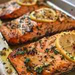 ['Close-up view of grilled salmon fillet garnished with herbs and lemon slices.', 'Juicy grilled salmon with a golden crust, topped with lemon and herbs.', 'Side view of a succulent salmon fillet, enhanced with fresh parsley and lemon zest.', 'Appetizing grilled salmon served on a plate, showcasing its vibrant colors and herbs.']