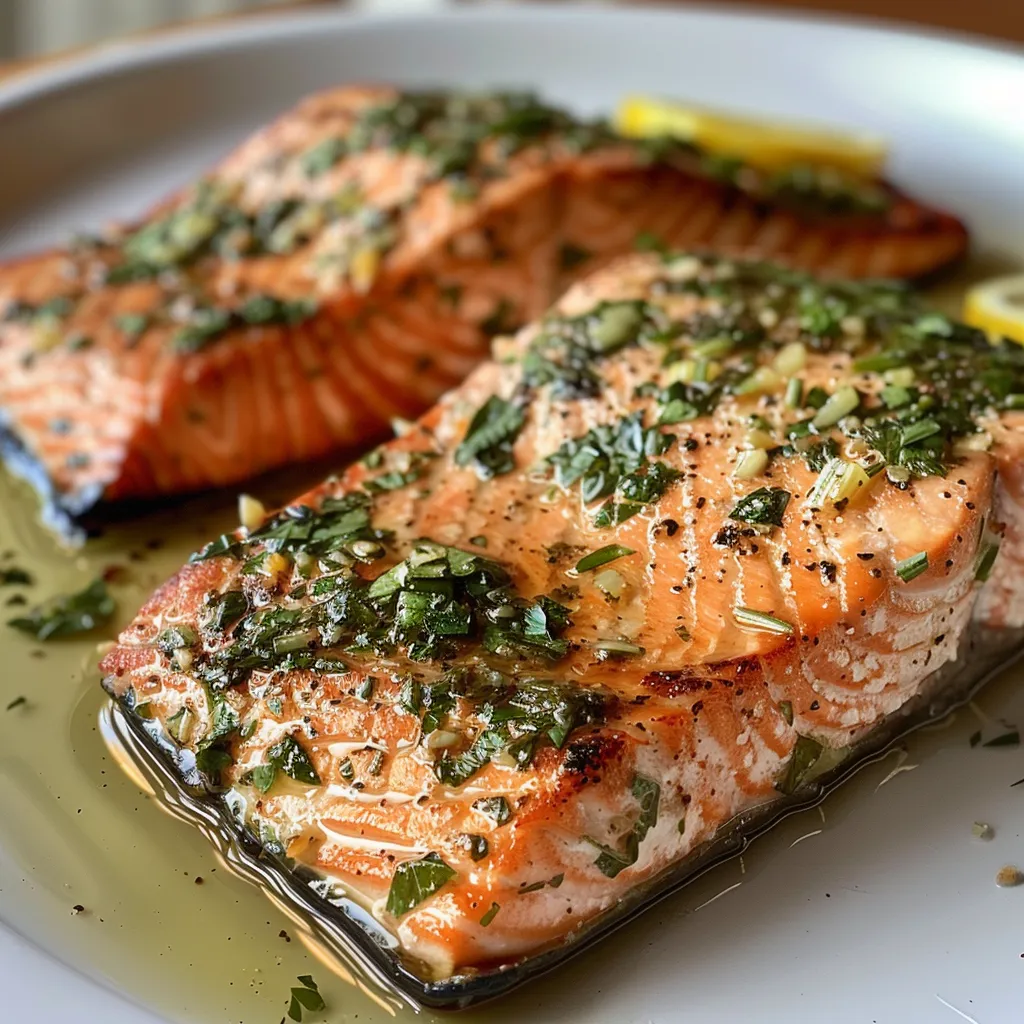 ['Close-up view of grilled salmon fillet garnished with herbs and lemon slices.', 'Juicy grilled salmon with a golden crust, topped with lemon and herbs.', 'Side view of a succulent salmon fillet, enhanced with fresh parsley and lemon zest.', 'Appetizing grilled salmon served on a plate, showcasing its vibrant colors and herbs.']