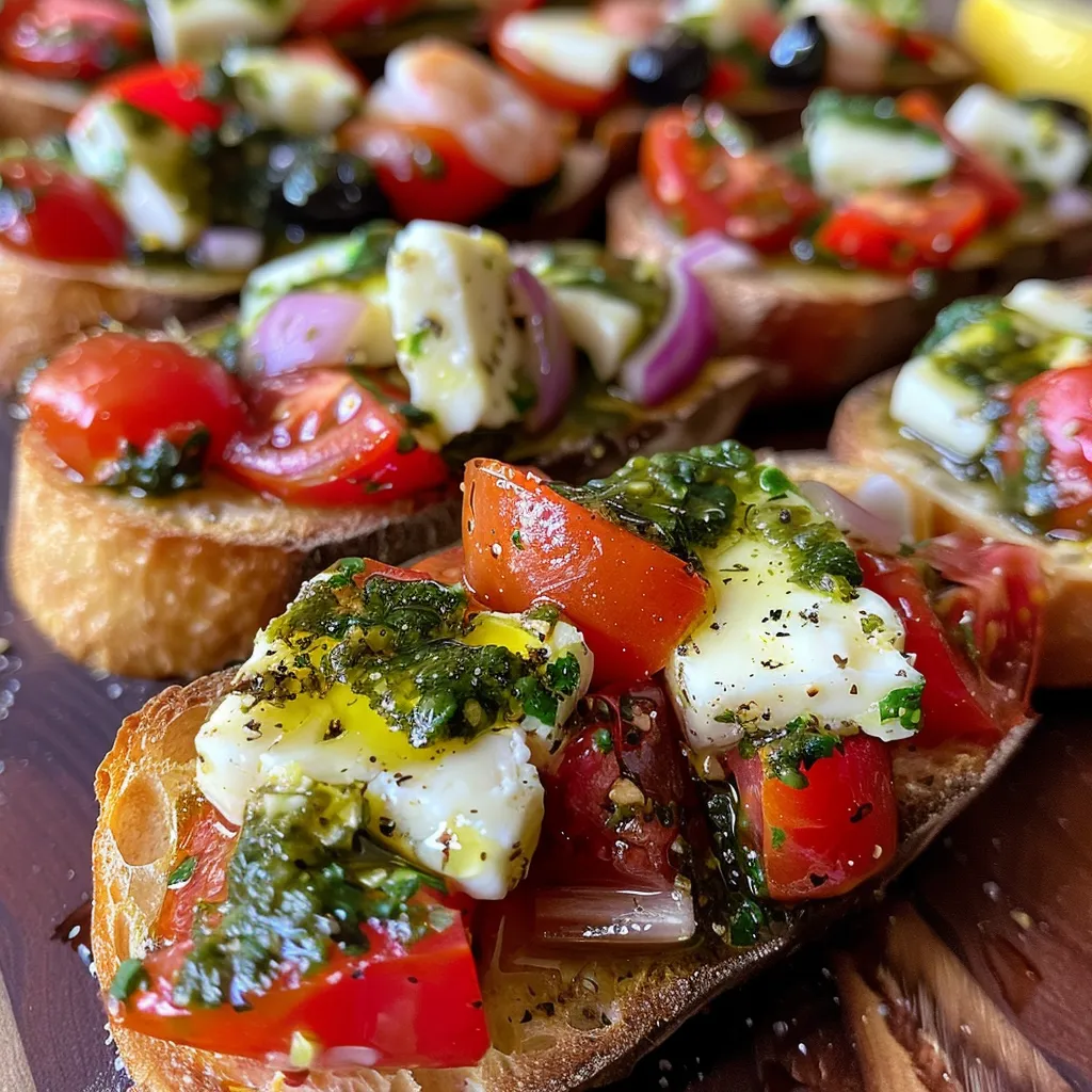 ['A close-up view of Mediterranean Baked Feta Bruschetta topped with shrimp and vegetables.', 'Juicy Mediterranean Baked Feta Bruschetta with vibrant cherry tomatoes and olives on toasted bread.', 'Side view of a delicious bruschetta featuring baked feta, garlic, and shrimp with a pesto drizzle.', 'A plate of Mediterranean Baked Feta Bruschetta garnished with herbs and shrimp, showcasing its vibrant colors.']