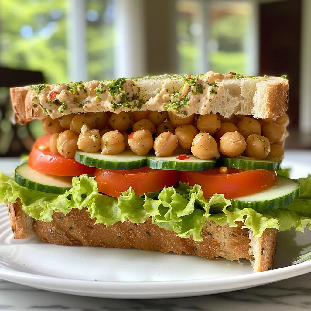 ['A close-up view of a chickpea and cucumber sandwich with vibrant ingredients.', 'A side view of a delicious chickpea cucumber sandwich on toasted whole-grain bread.', 'A fresh and colorful chickpea cucumber sandwich stacked with lettuce and tomato.', 'Detailed shot of a sandwich filled with chickpeas, cucumbers, and fresh greens.']