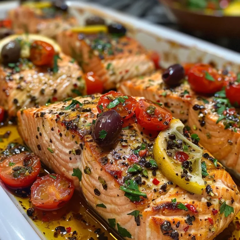 ['Close-up view of healthy Mediterranean baked salmon topped with cherry tomatoes and olives.', 'Juicy baked salmon fillet garnished with fresh parsley and lemon slices.', 'Deliciously seasoned salmon with a vibrant mix of cherry tomatoes and kalamata olives.', 'Side view of a perfectly cooked salmon fillet, drizzled with olive oil and surrounded by vegetables.']