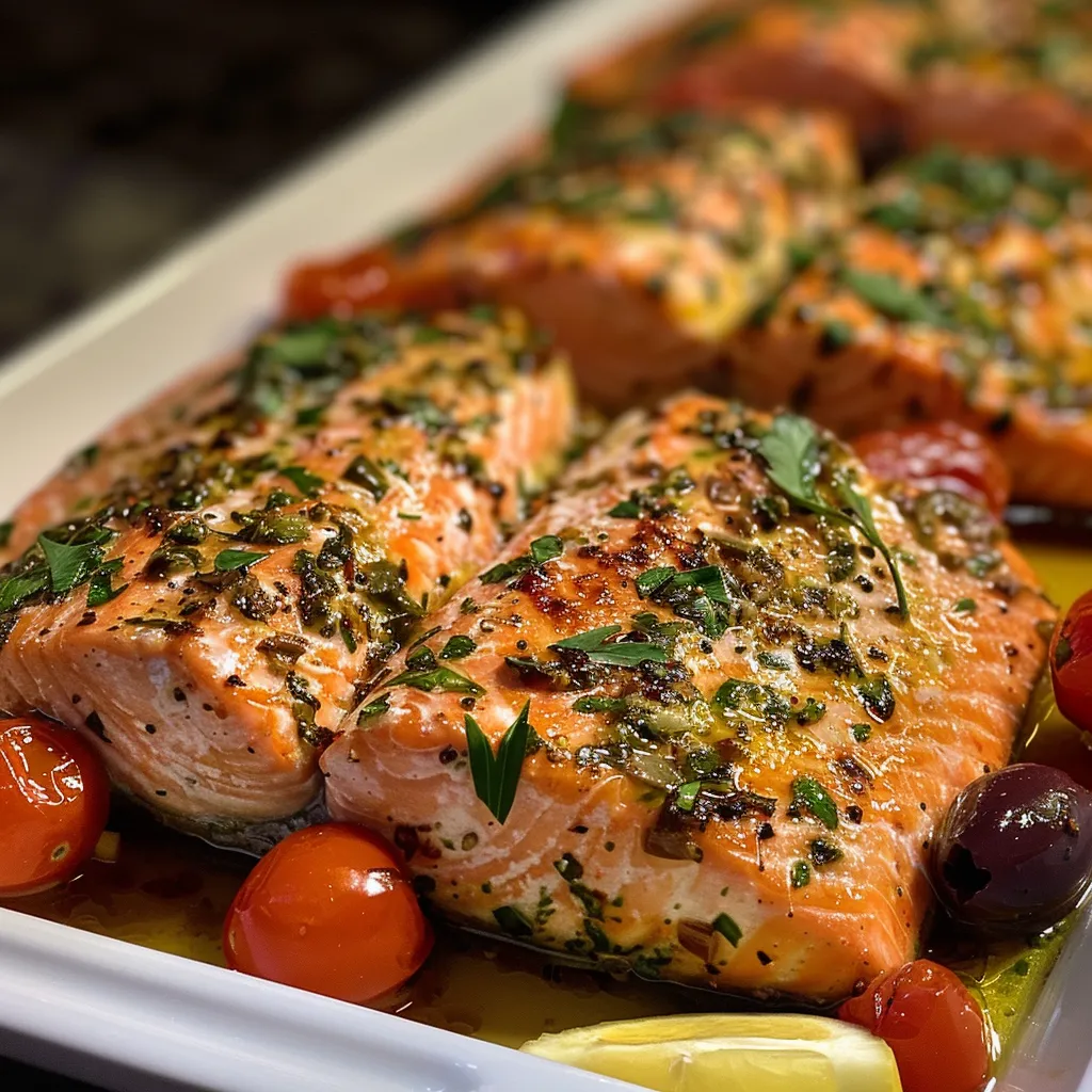 ['Close-up view of healthy Mediterranean baked salmon topped with cherry tomatoes and olives.', 'Juicy baked salmon fillet garnished with fresh parsley and lemon slices.', 'Deliciously seasoned salmon with a vibrant mix of cherry tomatoes and kalamata olives.', 'Side view of a perfectly cooked salmon fillet, drizzled with olive oil and surrounded by vegetables.']