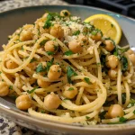 ['Close-up view of Easy Lemon Garlic Chickpea Pasta with fresh herbs.', 'Side angle of a vibrant bowl of chickpea pasta topped with lemon zest.', 'Juicy Easy Lemon Garlic Chickpea Pasta garnished with parsley and lemon slices.', 'Serving of spaghetti with chickpeas, garlic, and spinach, showcasing a bright, flavorful dish.']