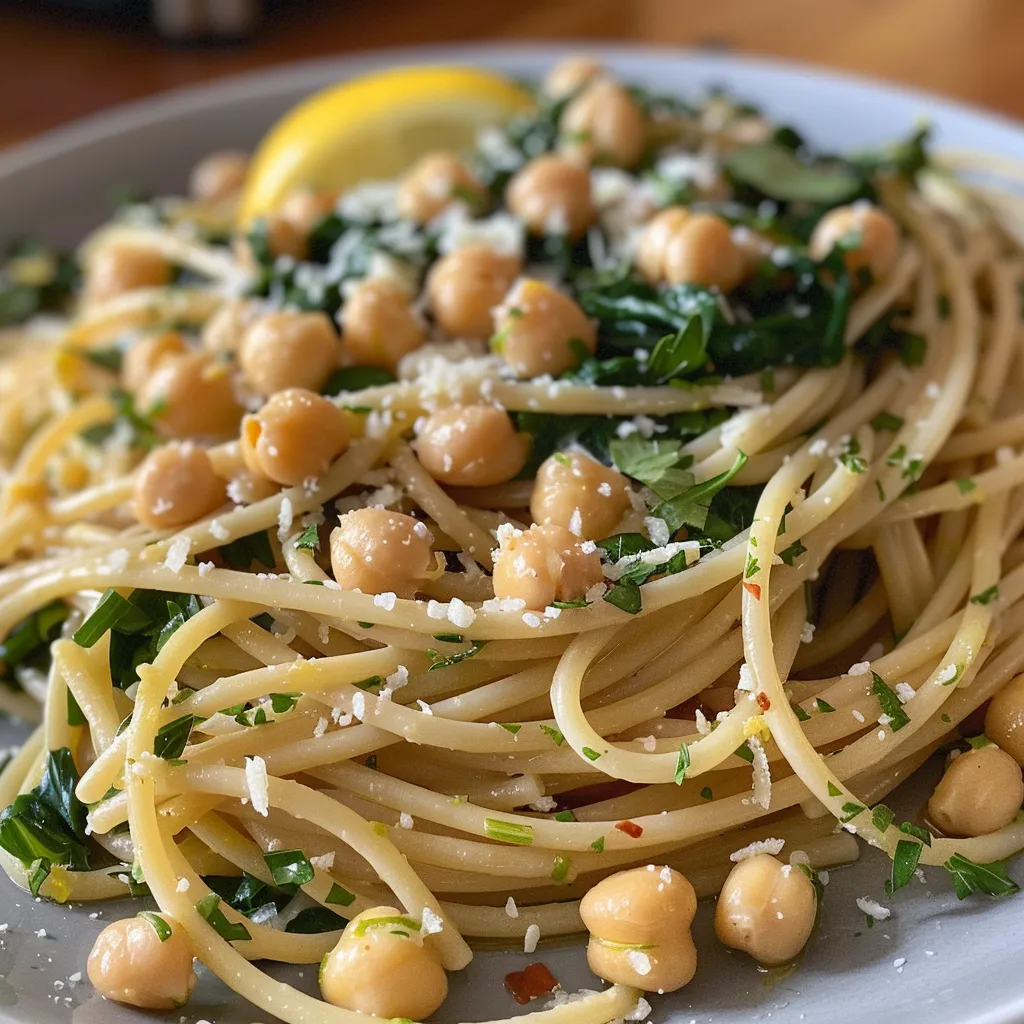 ['Close-up view of Easy Lemon Garlic Chickpea Pasta with fresh herbs.', 'Side angle of a vibrant bowl of chickpea pasta topped with lemon zest.', 'Juicy Easy Lemon Garlic Chickpea Pasta garnished with parsley and lemon slices.', 'Serving of spaghetti with chickpeas, garlic, and spinach, showcasing a bright, flavorful dish.']