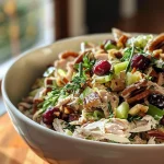 ['Close-up view of a vibrant leftover turkey salad with diced turkey, cranberries, and nuts.', 'Side view of a creamy turkey salad featuring fresh ingredients in a bowl.', 'Juicy turkey salad with celery and pecans displayed in an appealing arrangement.', 'Colorful close-up of dairy-free turkey salad garnished with herbs and cranberries.']