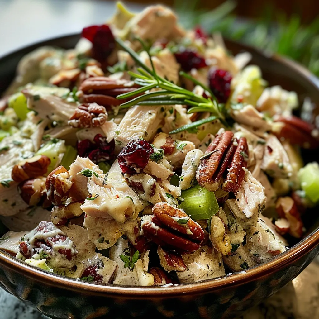 ['Close-up view of a vibrant leftover turkey salad with diced turkey, cranberries, and nuts.', 'Side view of a creamy turkey salad featuring fresh ingredients in a bowl.', 'Juicy turkey salad with celery and pecans displayed in an appealing arrangement.', 'Colorful close-up of dairy-free turkey salad garnished with herbs and cranberries.']