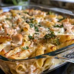 ['Juicy Chicken Alfredo Bake with pasta, chicken, and cheese, presented in a baking dish.', 'Close-up view of Chicken Alfredo Bake showing creamy sauce and baked ingredients.', 'Side view of Chicken Alfredo Bake featuring chicken, broccoli, and melted cheese.', 'Delicious Chicken Alfredo Bake with golden-brown top and rich creamy texture.']