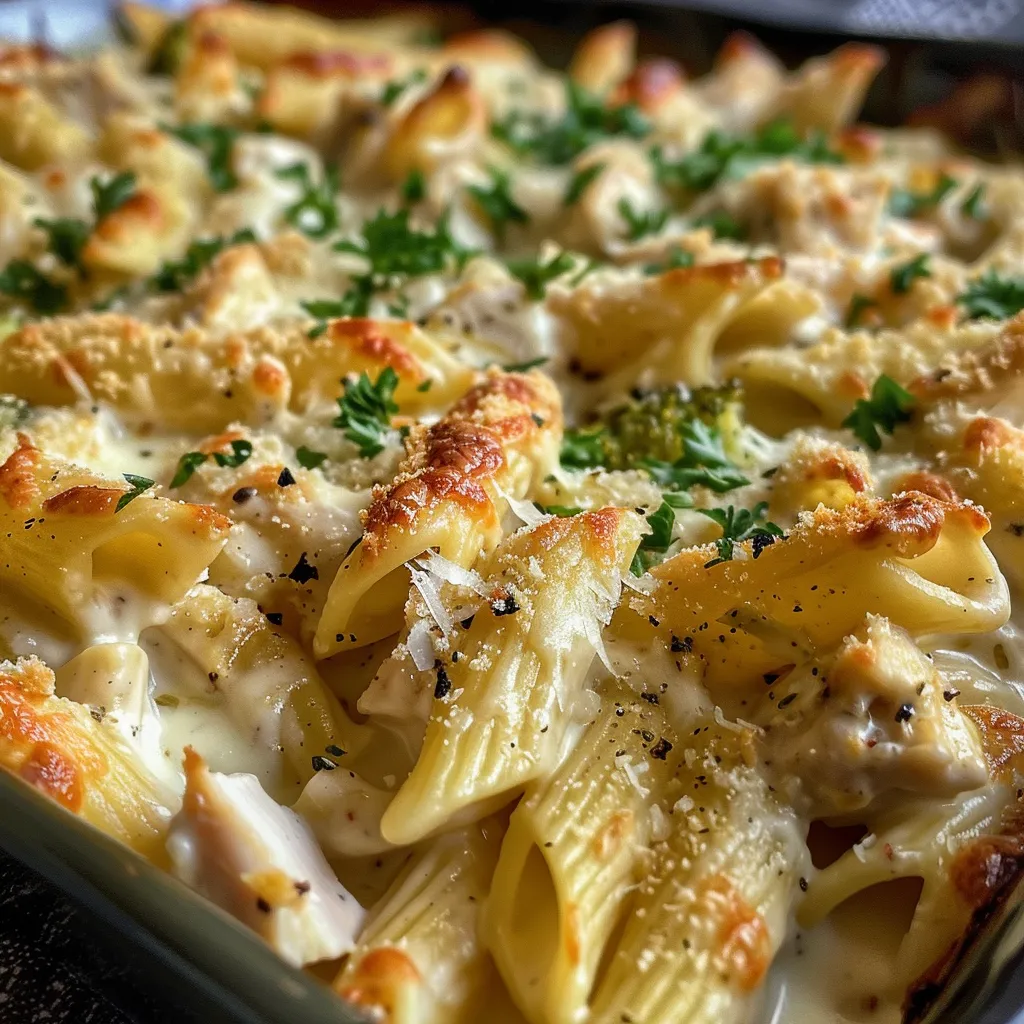 ['Juicy Chicken Alfredo Bake with pasta, chicken, and cheese, presented in a baking dish.', 'Close-up view of Chicken Alfredo Bake showing creamy sauce and baked ingredients.', 'Side view of Chicken Alfredo Bake featuring chicken, broccoli, and melted cheese.', 'Delicious Chicken Alfredo Bake with golden-brown top and rich creamy texture.']