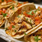 ['Close-up of a colorful plate of healthy chicken tacos with vibrant toppings.', 'Side view of juicy chicken tacos loaded with fresh vegetables and herbs.', 'Appetizing image of healthy chicken tacos showcasing tortillas filled with grilled chicken.', 'Detailed close-up of chicken tacos, highlighting fresh ingredients and textures.']
