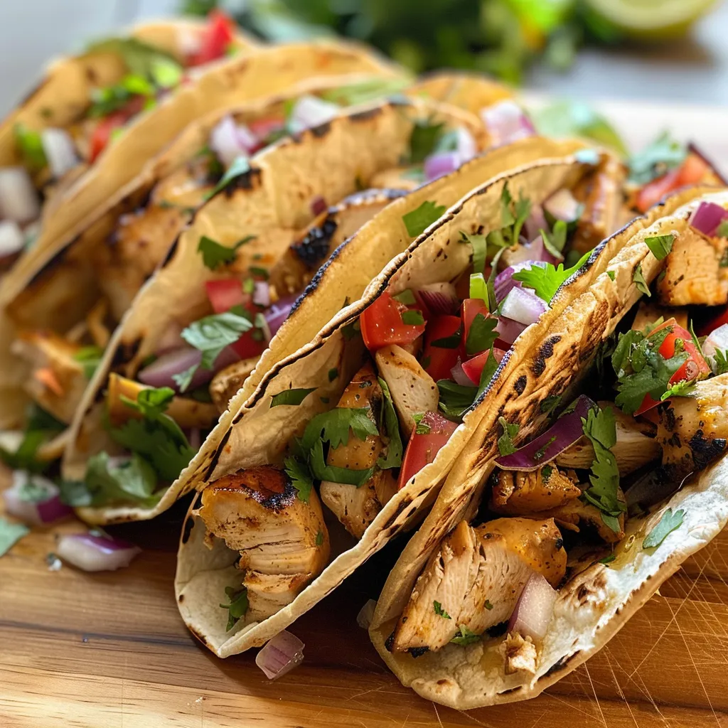 ['Close-up of a colorful plate of healthy chicken tacos with vibrant toppings.', 'Side view of juicy chicken tacos loaded with fresh vegetables and herbs.', 'Appetizing image of healthy chicken tacos showcasing tortillas filled with grilled chicken.', 'Detailed close-up of chicken tacos, highlighting fresh ingredients and textures.']