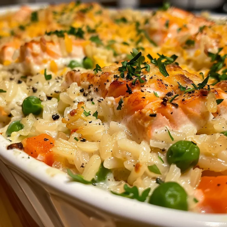 ['Close-up view of a comforting salmon rice casserole with cheese and vegetables.', 'Side view of a delicious, baked salmon rice casserole topped with melted cheese.', 'Juicy salmon pieces mixed with rice and vegetables in a creamy casserole dish.', 'Appetizing salmon rice casserole, featuring green peas and carrots, ready to serve.']