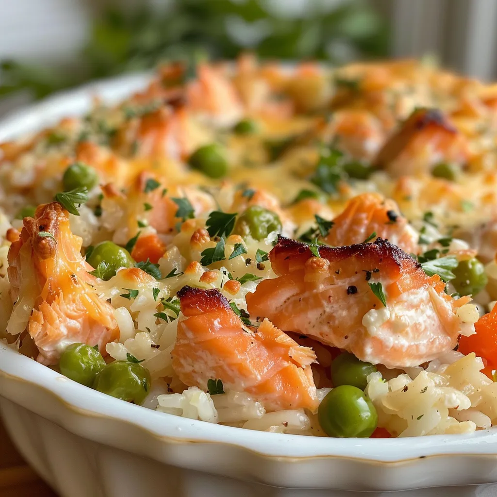 ['Close-up view of a comforting salmon rice casserole with cheese and vegetables.', 'Side view of a delicious, baked salmon rice casserole topped with melted cheese.', 'Juicy salmon pieces mixed with rice and vegetables in a creamy casserole dish.', 'Appetizing salmon rice casserole, featuring green peas and carrots, ready to serve.']