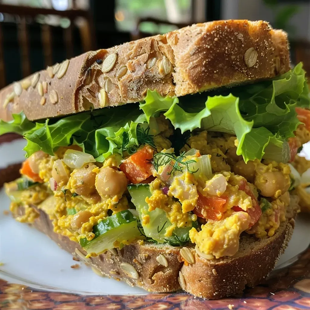 ['Close-up view of a vegan salad sandwich filled with lentils and chickpeas.', 'Side view of a delicious vegan egg salad sandwich showcasing its colorful ingredients.', 'Juicy vegan egg salad sandwich made with lentils and chickpeas on whole grain bread.', 'Tasty vegan sandwich filled with lentil and chickpea salad, garnished with lettuce.']