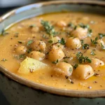 ['Close-up view of a creamy Vegan Garlic Chickpea Soup with vibrant herbs.', 'Side angle of a bowl filled with Vegan Garlic Chickpea Soup, garnished with olive oil.', 'Juicy Vegan Garlic Chickpea Soup displayed in a bowl, showcasing its chunky texture.', 'A detailed look at a hearty Vegan Garlic Chickpea Soup, featuring garlic and chickpeas.']