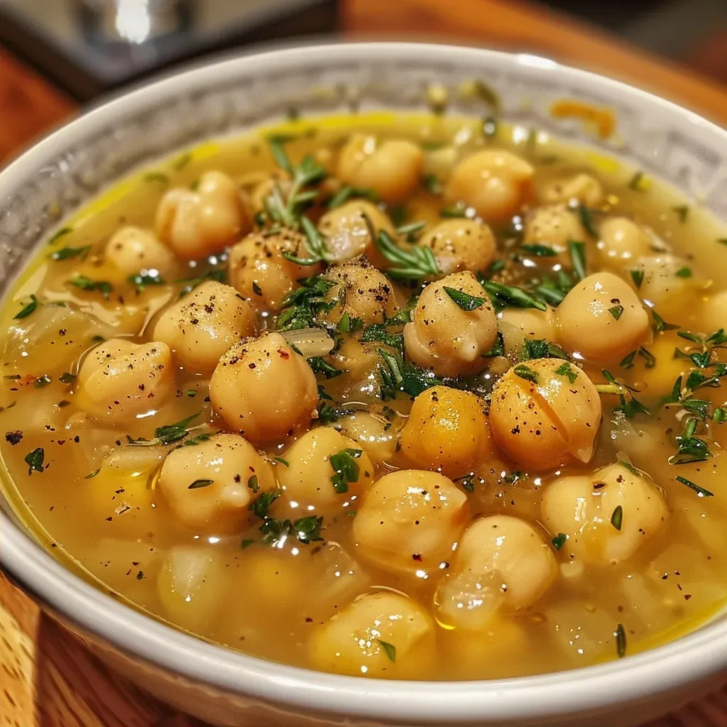 ['Close-up view of a creamy Vegan Garlic Chickpea Soup with vibrant herbs.', 'Side angle of a bowl filled with Vegan Garlic Chickpea Soup, garnished with olive oil.', 'Juicy Vegan Garlic Chickpea Soup displayed in a bowl, showcasing its chunky texture.', 'A detailed look at a hearty Vegan Garlic Chickpea Soup, featuring garlic and chickpeas.']