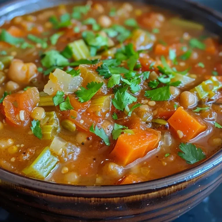 ['Close-up view of a bowl filled with vibrant Vegan Harira soup, garnished with fresh herbs.', 'Side view of a steaming bowl of Vegan Harira soup showcasing its rich ingredients.', 'Detailed shot of Vegan Harira soup with visible chickpeas and lentils, served in a rustic bowl.', 'Close-up image of Vegan Harira, highlighting the texture and color of the soup.']