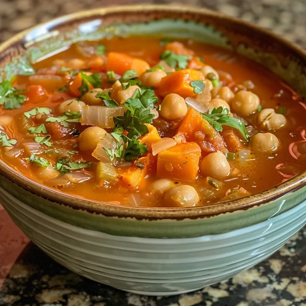 ['Close-up view of a bowl filled with vibrant Vegan Harira soup, garnished with fresh herbs.', 'Side view of a steaming bowl of Vegan Harira soup showcasing its rich ingredients.', 'Detailed shot of Vegan Harira soup with visible chickpeas and lentils, served in a rustic bowl.', 'Close-up image of Vegan Harira, highlighting the texture and color of the soup.']